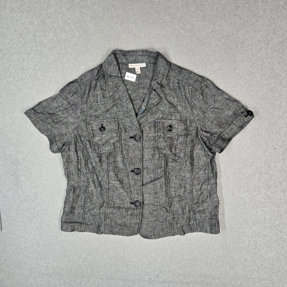 JM Collection Women Blouse‎ 18W Gray 100% Linen Button Up Collar V Neck Pockets
